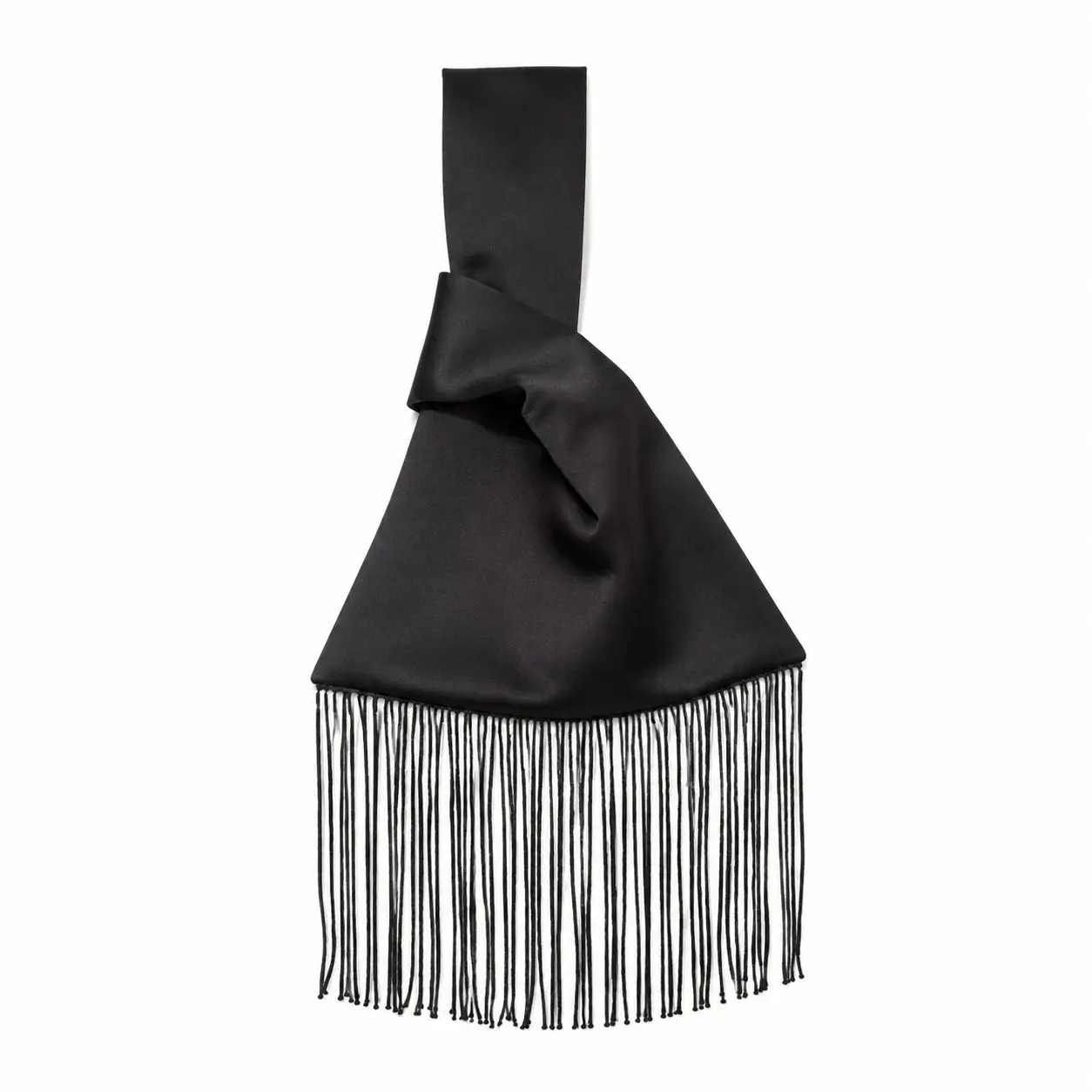 Noir satin Japanese knot bag with black beaded fringe