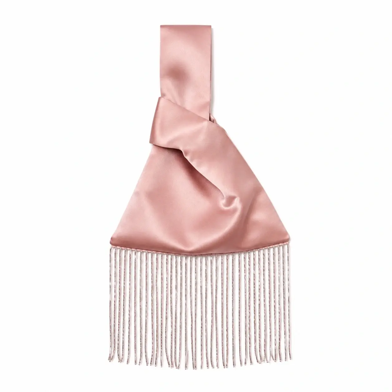 Blush satin Japanese knot bag with beaded fringe