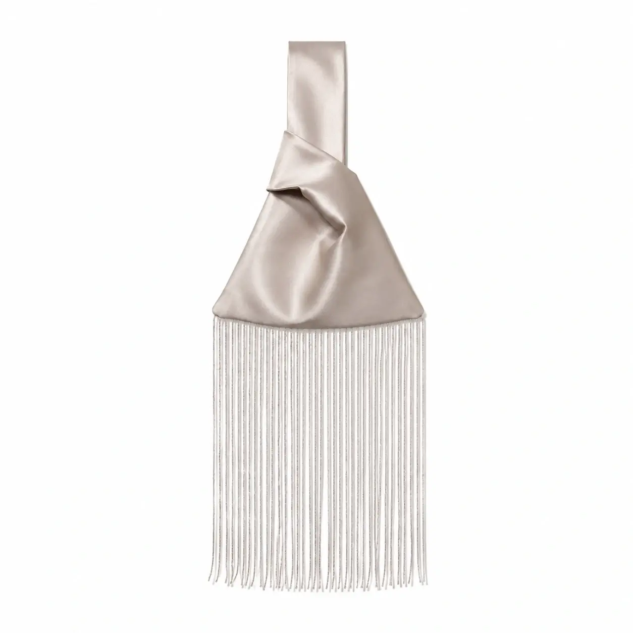 Champagne satin Japanese knot bag with beaded fringe