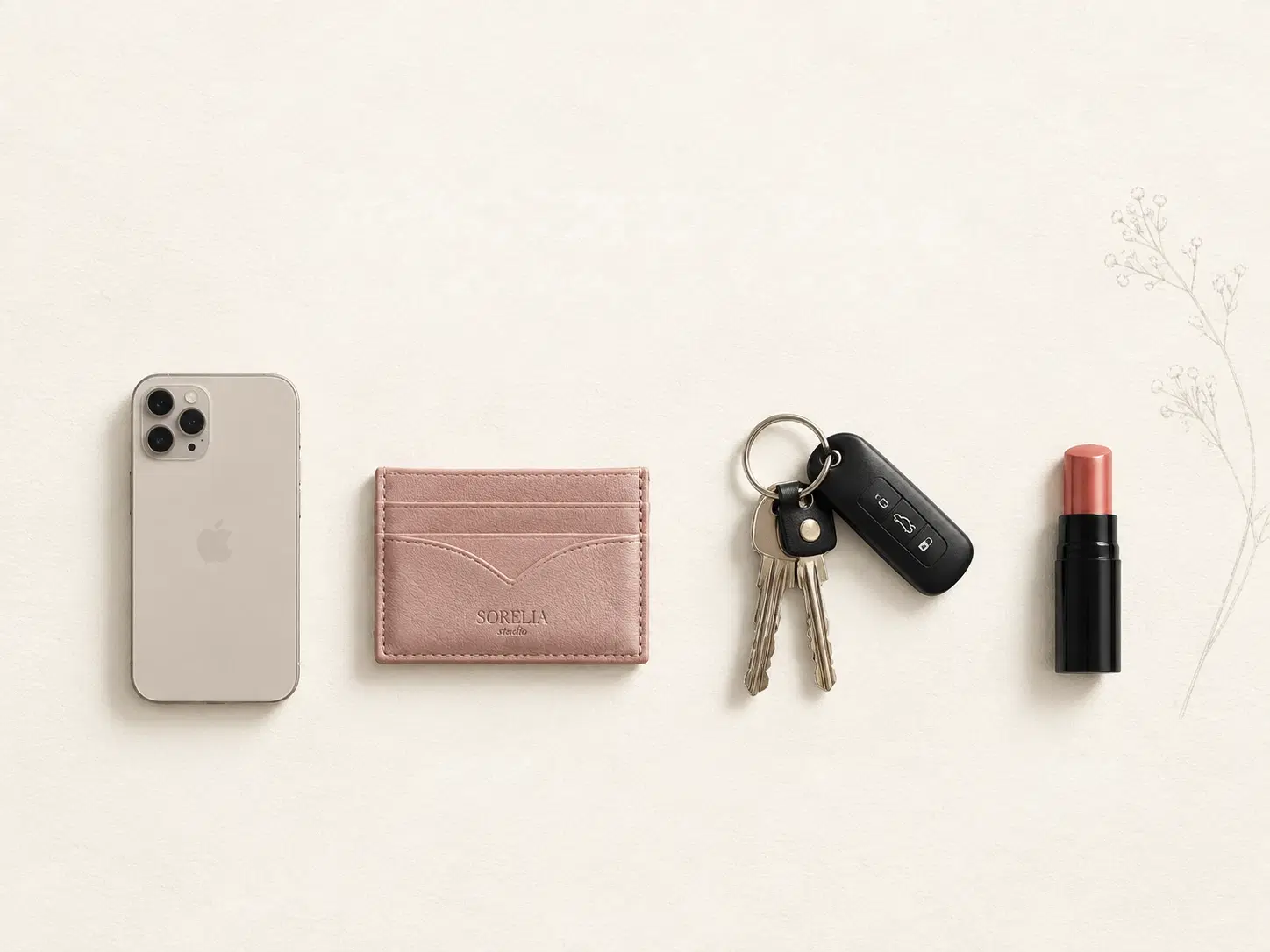 Phone, cardholder, keys and lipstick laid out beside the bag