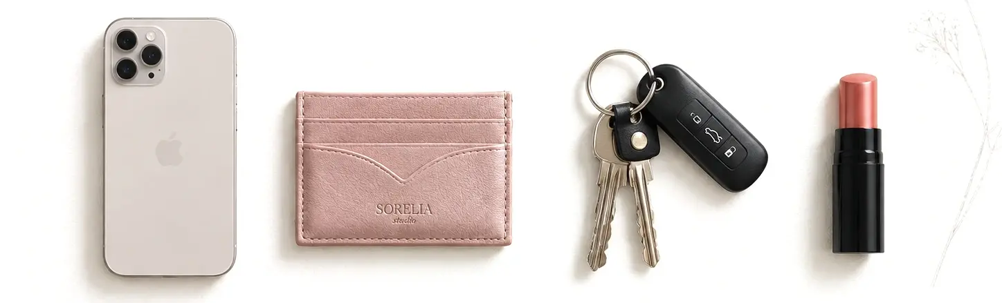 Phone, cardholder, keys and lipstick laid out beside the bag