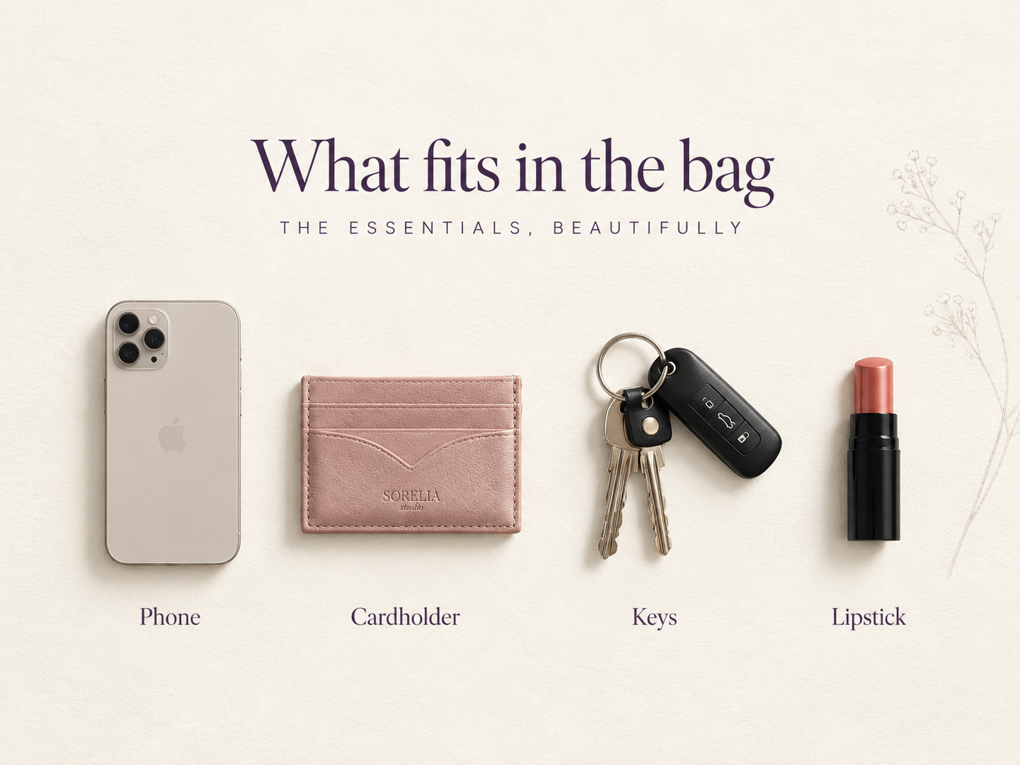 Phone, cardholder, keys and lipstick laid out beside the bag